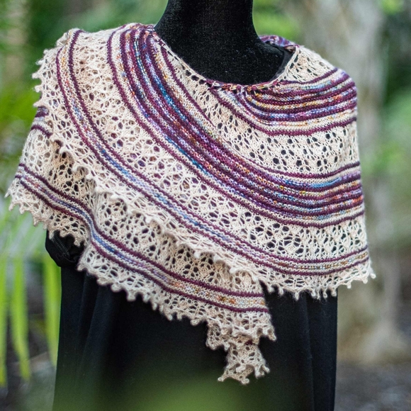 SOLD Hand Crafted OOAK Classic Wool Striped Lace Knit Scarf White Purple - Picture 4 of 9